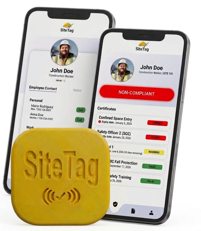 SiteTag app on iPhone showing worker safety profile
